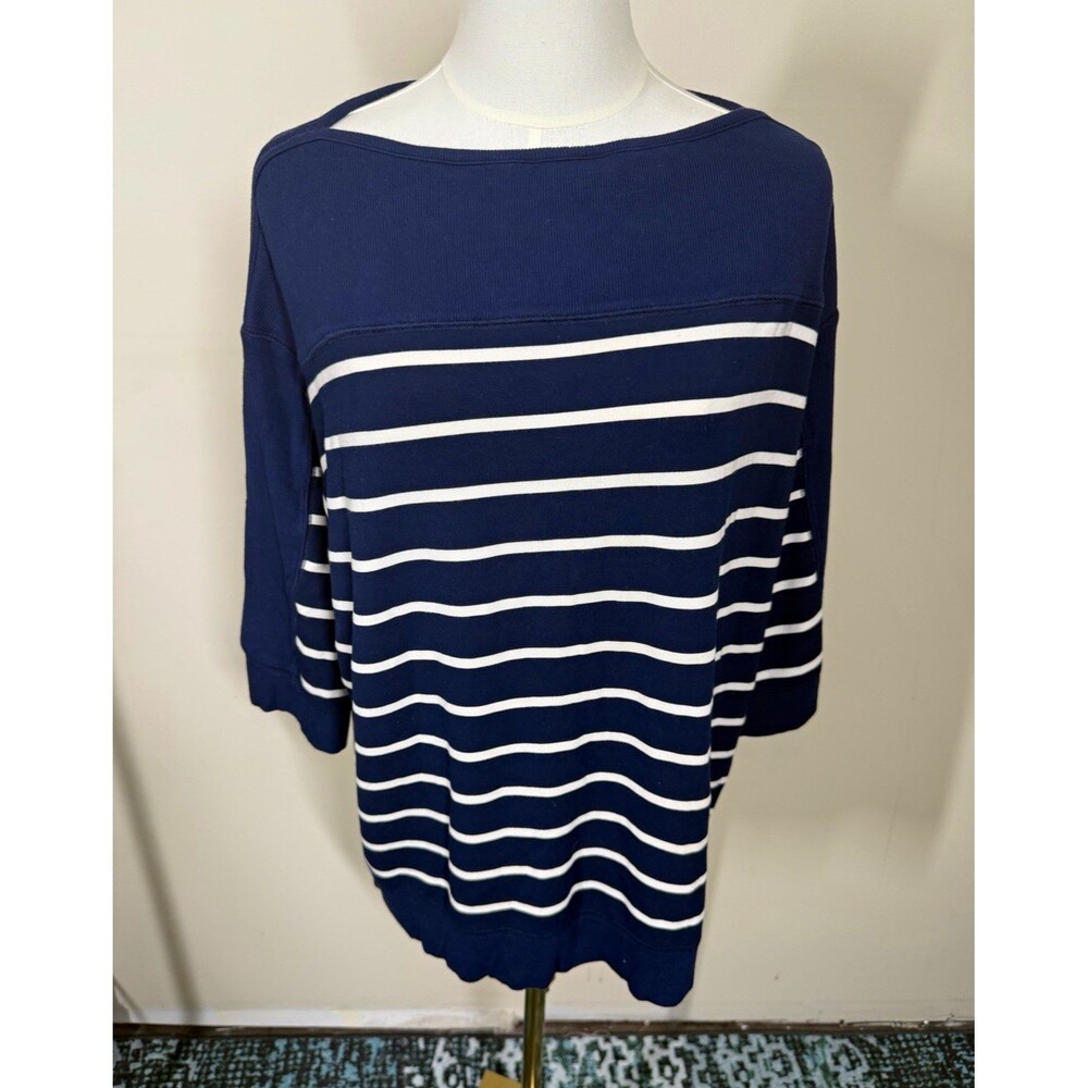 Lauren Ralph Lauren Womens Top 2X Navy White Striped Knit Boat Neck 3/4 362